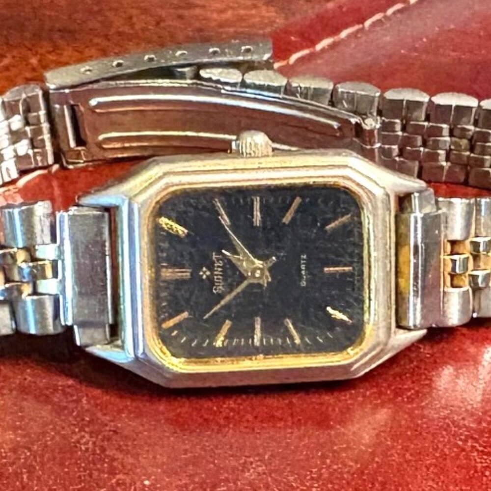 Women's Two Tone 20mm Signet Watch, Black Face, Adjustable Band